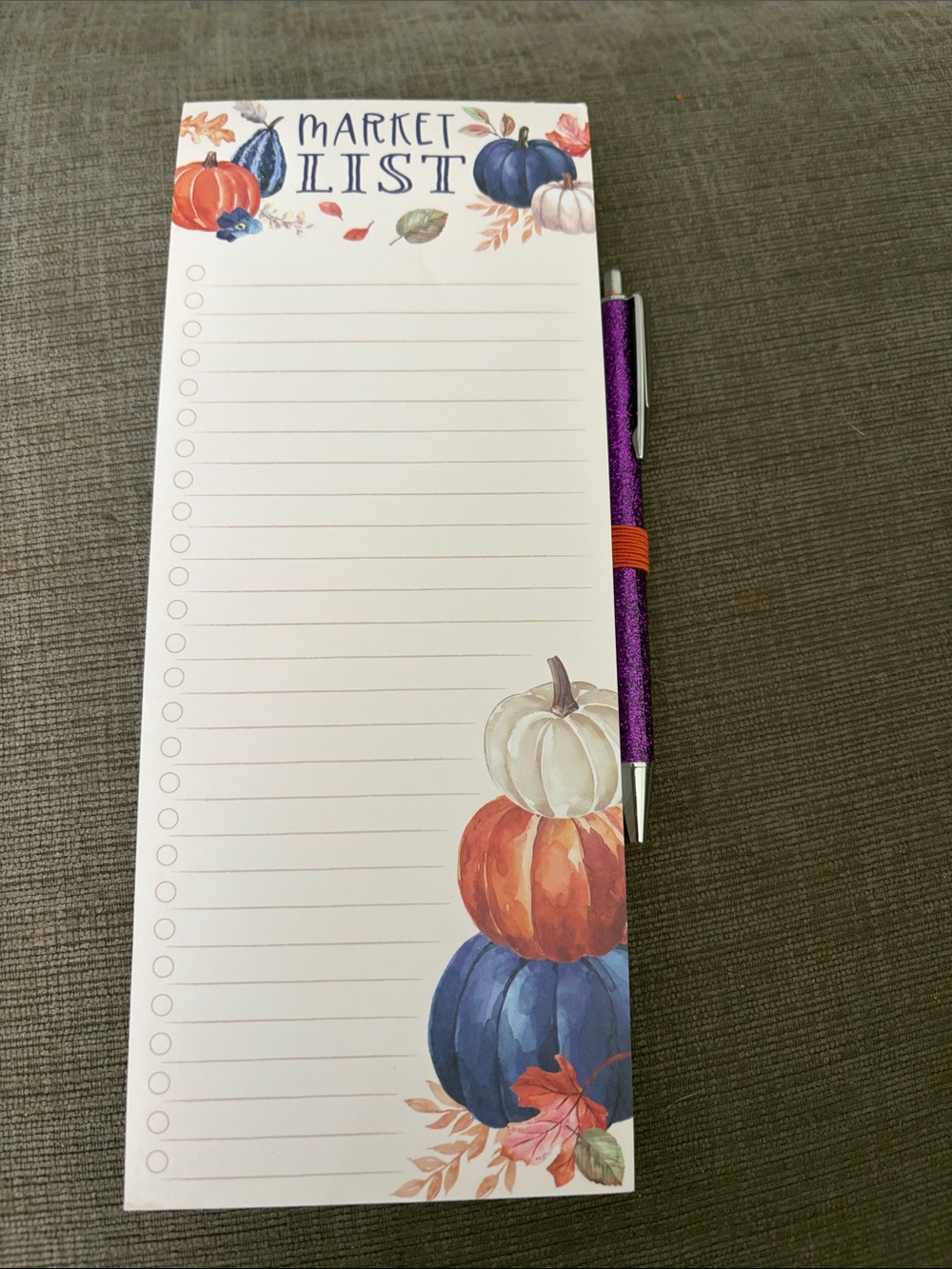 Market List Pumpkin Notepad with Purple Pen